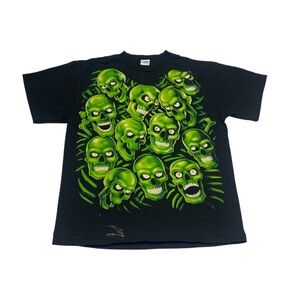 Vintage 2001 Liquid Blue Green Skull Graphic Print T-Shirt Men’s Size Large Y2K